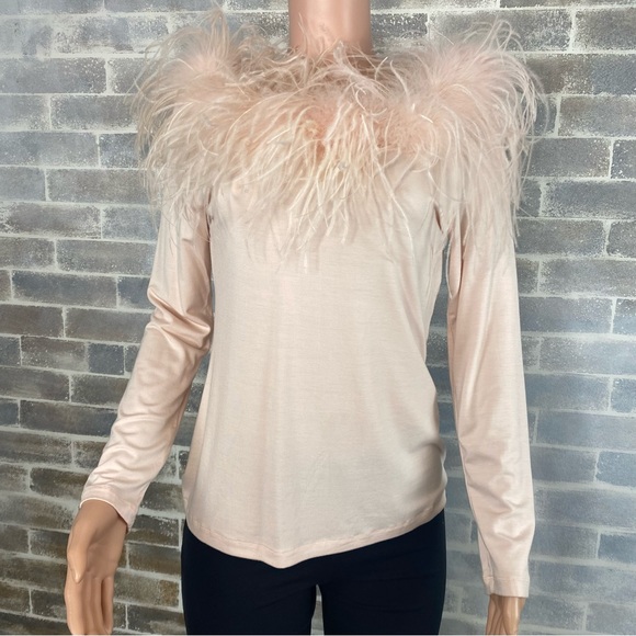 Boston Proper Ostrich Feather Trimmed Pale Pink Long Sleeve Pull Over Size M - Picture 4 of 13
